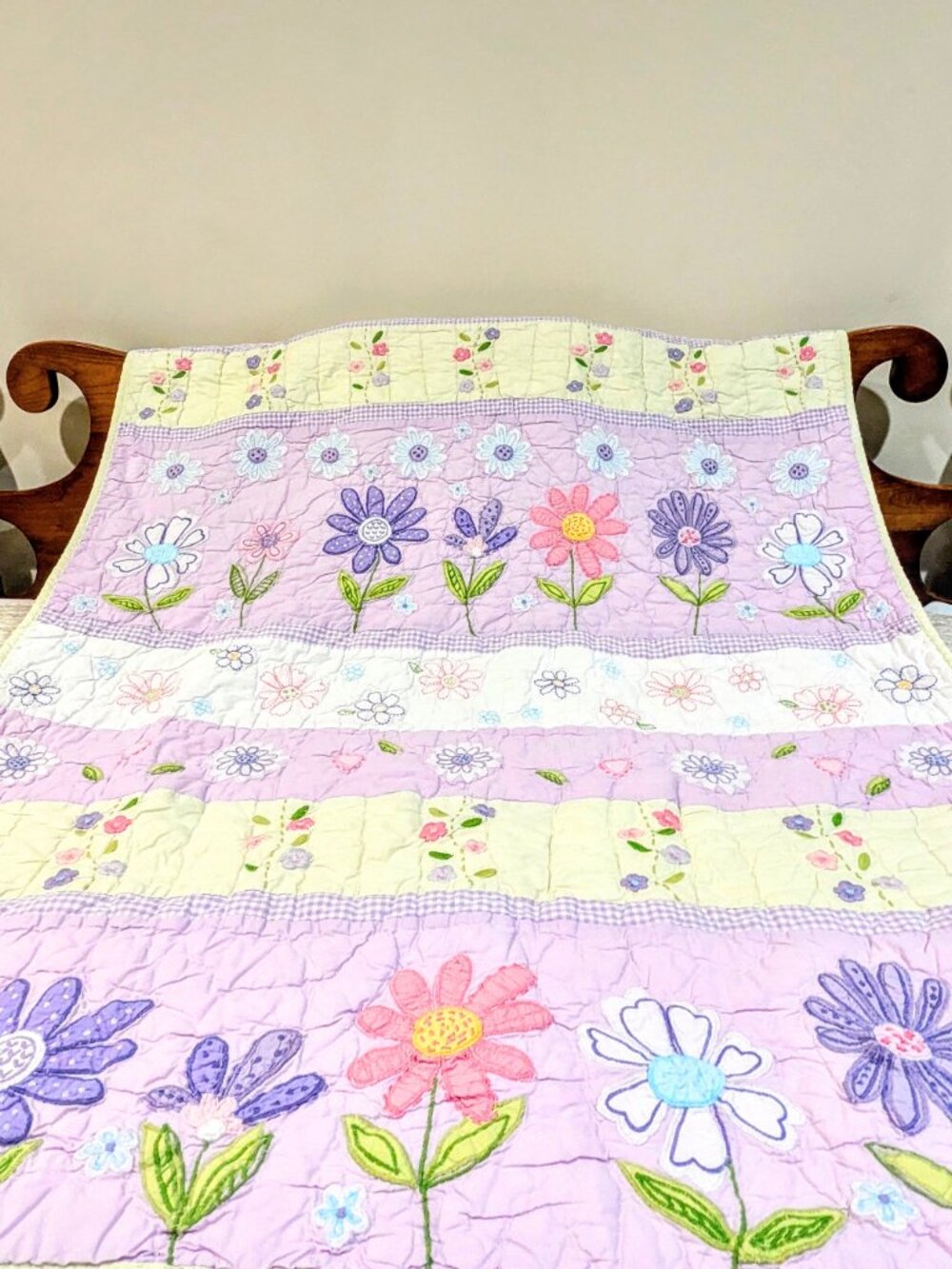 Vintage Handmade Embroidered Floral Mini Quilt  - Dopamine Decor & Cottagecore